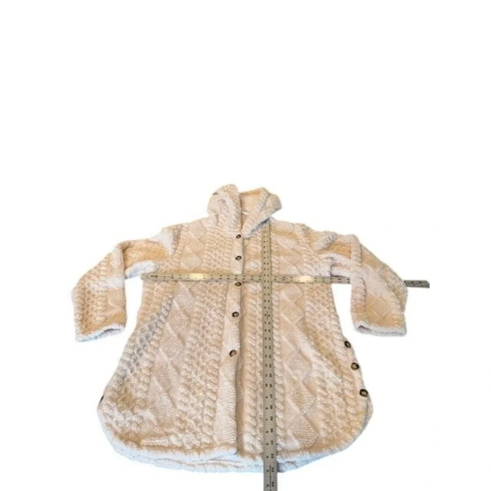 Womens XL Sherpa Fleece Hooded Jacket Cable Knit Textured Cream Cozy Cardigan